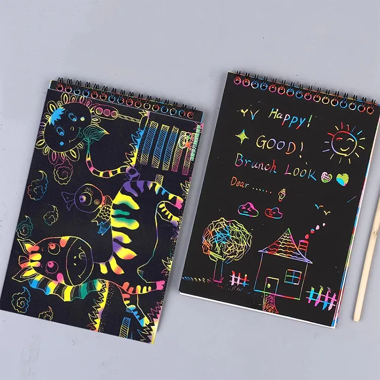Özel tasarım DIY gökkuşağı çizik kağıt kartları ve büyülü çizik sanat spiral doodle kitap