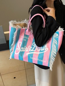 Summer Fashion Macrame Canvas Tote Handbag <b>Large</b> Capacity Print Logo Vacation Leisure <b>Beach</b> Travel Shoulder <b>Bag</b> with Tassels - Product Image 2