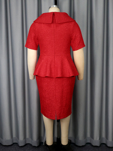 Am050134 khăn choàng cổ áo ngắn tay peplum với vành đai jacquard thanh lịch màu đỏ Midi Bodycon của phụ nữ ăn mặc giản dị - Product Image 6