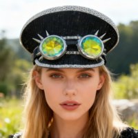 Casquettes de Capitaine Noires à Paillettes Personnalisées, 3 MOQ, avec Lunettes Steampunk et Strass à Pointes Argentées, pour Rave, Festival, Fête, Plage et Activités de Plein Air, Vente en Gros