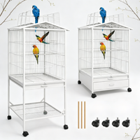 Grande volière de style toit, ouverte en haut, avec roues à 360 degrés, étagère de rangement, perchoirs en fer et acier inoxydable, design simple, convient aux oiseaux de taille moyenne