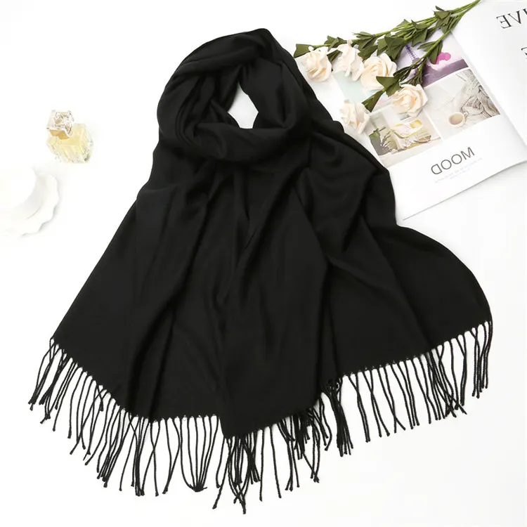 Wholesale women plain solid color tassel long cashmere winter black scarf pashmina