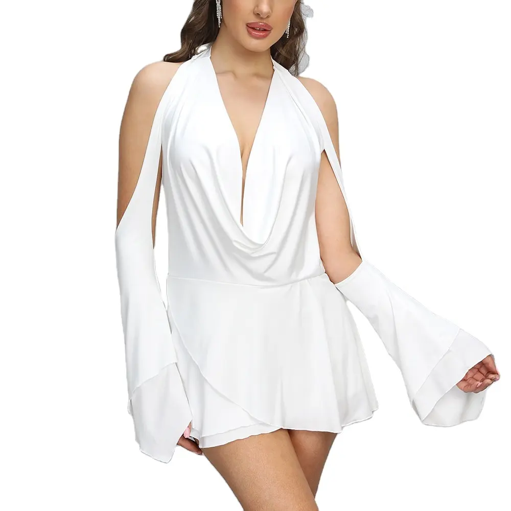 2023 Summer White V-neck Sexy Long Sleeve Backless Mini Dress Women Casual Dresses OEM Service