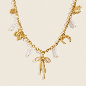 <span class=keywords><strong>Collier</strong></span> avec pendentif nœud en fausses perles pour femme, en acier inoxydable plaqué or 18 carats PVD, style vacances à la plage, été, quotidien, voyage - Product Image 1