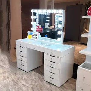 stock Vanities with LED Lighted mirror in California , glossy painting vanity dressing table with hollywood mirrors from factory