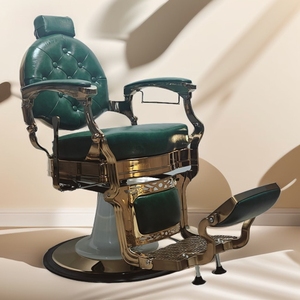Fauteuil de barbier en cuir touffeté vert foncé, robuste, pour salon de coiffure, avec cadre métallique inclinable et réglable, repose-pieds - Product Image 4