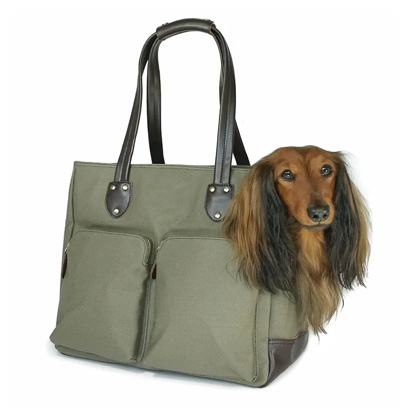 Dog Carrier Bag - Waxed Canvas and Leather Soft-Sided Pet Travel Tote with Bag-to-Harness Safety Tether & Secure Zipper Pockets