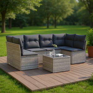 Conjunto de Sofás de Ratán Gris para Patio, 7 Plazas, Muebles de Exterior de Diseño Contemporáneo, Seccional Moderno para Jardín con Mesa de Centro - Product Image 2