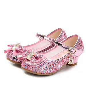 Sapatos de couro infantis, sapatos casuais para meninas com flor, glitter, salto alto, laço borboleta, azul, rosa, prata