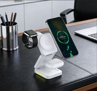 Support magnétique pour téléphone de bureau avec veilleuse, chargeur sans fil 3 en 1 pliable, charge rapide magnétique 15W