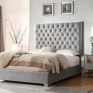 Bedroom Furniture European Luxury Diamond Carving Grey Velvet Fabric Cama Tufted King Size Royal Bed Frame For Hotel