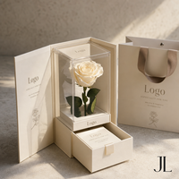 Boîte à fleurs transparente personnalisée avec logo imprimé pour la présentation de roses claires, idéale pour les cadeaux de mariage