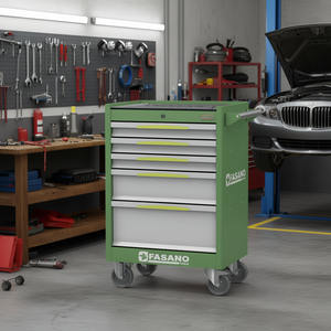 Armoire à outils roulante FASANO Tools à 5 tiroirs, en métal vert, chariot de rangement pour atelier de réparation automobile - Product Image 3