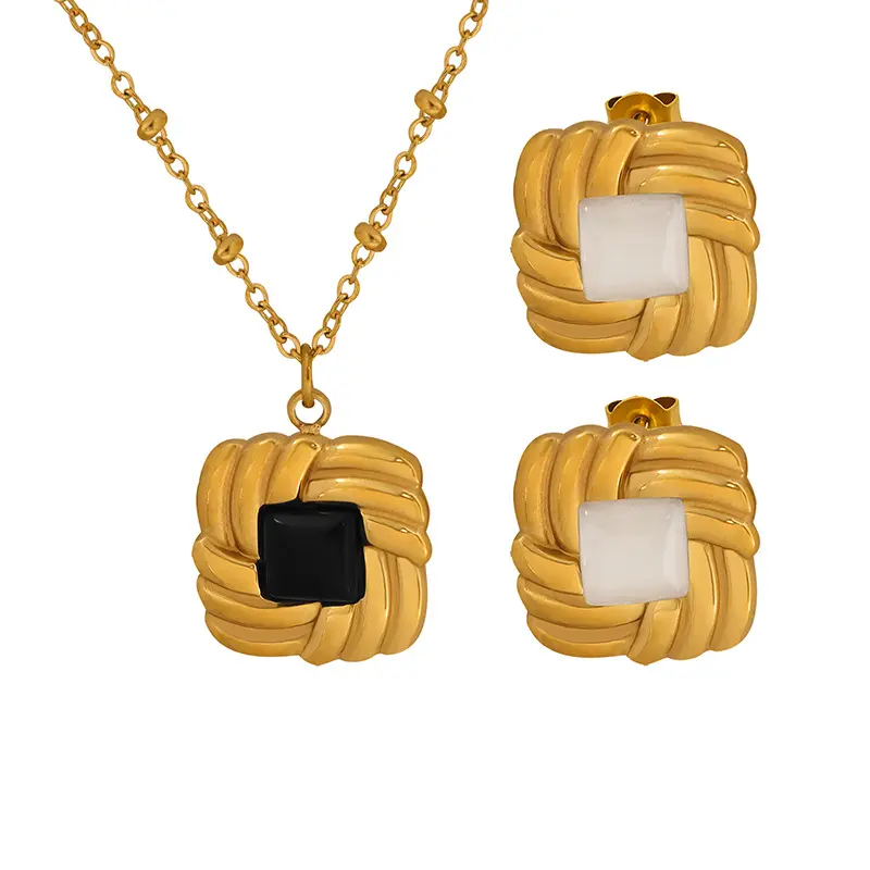 Waterproof 18k Gold Plated Square Fashion Jewelry Sets Aço Inoxidável Branco Opal Black Glass Stone Earrings Set Para Mulheres