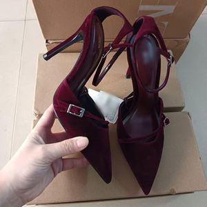 New Arrival Wine <strong>Red</strong> <strong>Suede</strong> Pointy High Heels Fine Buckle Women Pumps Pointed <strong>Shoes</strong> Sexy Thin Heels Sandal - Product Image 2