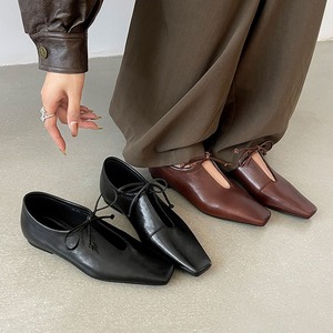 Leather low-heeled women's slip-on shoes with square <b>toe</b> and bow tie laces spring new style - Product Image 2
