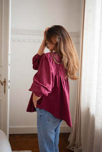 Camicetta da <span class=keywords><strong>donna</strong></span> <span class=keywords><strong>bordeaux</strong></span> all'ingrosso 100% maniche a lanterna di cotone camicia da <span class=keywords><strong>donna</strong></span> primavera estate autunno Casual a palloncino plissettato top - Product Image 3
