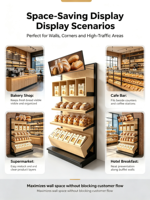 Étagère murale de présentation pour boulangerie commerciale, en acier et bois, armoire latérale pour pain, présentoir multi-compartiments pour pain emballé et en-cas