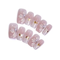 10 pièces/boîte – Faux ongles courts en résine, style français, dégradé nude, motifs marguerites 3D, accents feuille d'or, perles – Ongles à presser haut de gamme