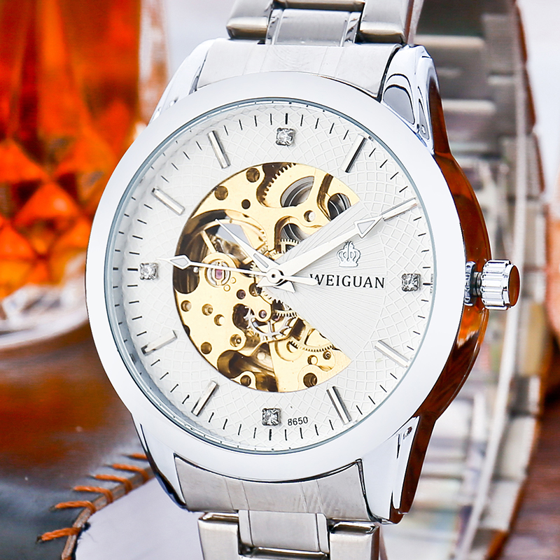 Silver steel-white background mechanical watch