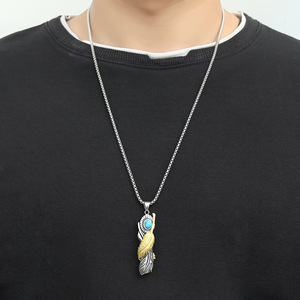 Yunnique – pendentif plume en acier inoxydable avec pierre turquoise, collier de Style Punk pour hommes et femmes, bijoux à la mode - Product Image 4