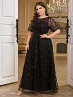 Grande taille Chic col rond paillettes broderie Patchwork robe évasée maille couleur impression élégante formelle femmes a-doublé robe de soirée