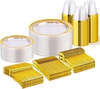 Ensemble de vaisselle jetable en plastique transparent et doré de 300 pièces pour 50 invités, comprenant des assiettes, des gobelets et des ustensiles pour les mariages et les fêtes