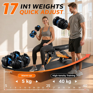 Juego de mancuernas de 40 kg con rotación a una <span class=keywords><strong>mano</strong></span> para seleccionar el peso, 17 pesas en un mango antideslizante con cierre de seguridad. - Product Image 2