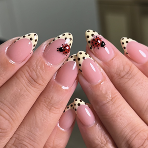 Faux ongles 3D roses en amande à presser avec pointes à pois crème et motif coccinelle, ongles artificiels brillants réutilisables pour manucure estivale 4618 - Product Image 1