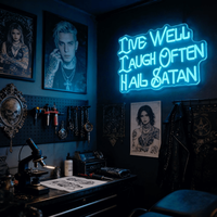 Neonawall Enseigne néon personnalisée OEM ODM Live Well Laugh Often Hail Satan, enseigne néon LED bleu glace pour Chambre, Bar, Salle de sport, Salle de jeux, Bureau