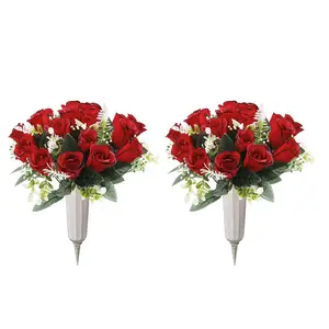 2 Stück künstliche Rosen künstliche Friedhofs blumen für Grab Home Decoration Silk Rose Bouquet