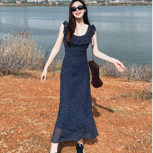 French Style Polka Dot Flutter Sleeve Square Neck Suspender <b>Dress</b> <b>Elastic</b> Waist Long Casual <b>Dress</b> For Women Summer 2025 - Product Image 2