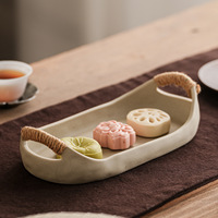 Panier de service ovale en céramique avec poignées en corde tressée, en grès beige mat, pour fruits et pain, décoration de table à thé Japandi