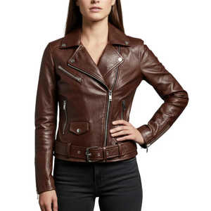 <b>Women</b> Premium Handcrafted <b>Brown</b> Sheep Leather Biker Jacket with Waist <b>Belt</b> - Product Image 1