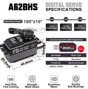 AGFRC A62BHS 16KG 0.058Seg. de Alta Velocidad HV con Engranajes Metálicos Resistentes, Digital Programable sin Escobillas de Perfil Bajo para Coches RC 1/10 - Product Image 5