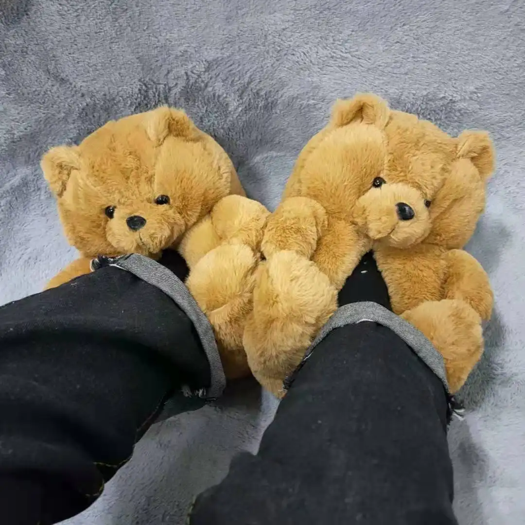 Lovely Plush Slipper Drop Shipping Adult Women Brown 2021 12 Inch 8.5 Fluffy Animal New Design Home Indoor Teddy Bear Slippers