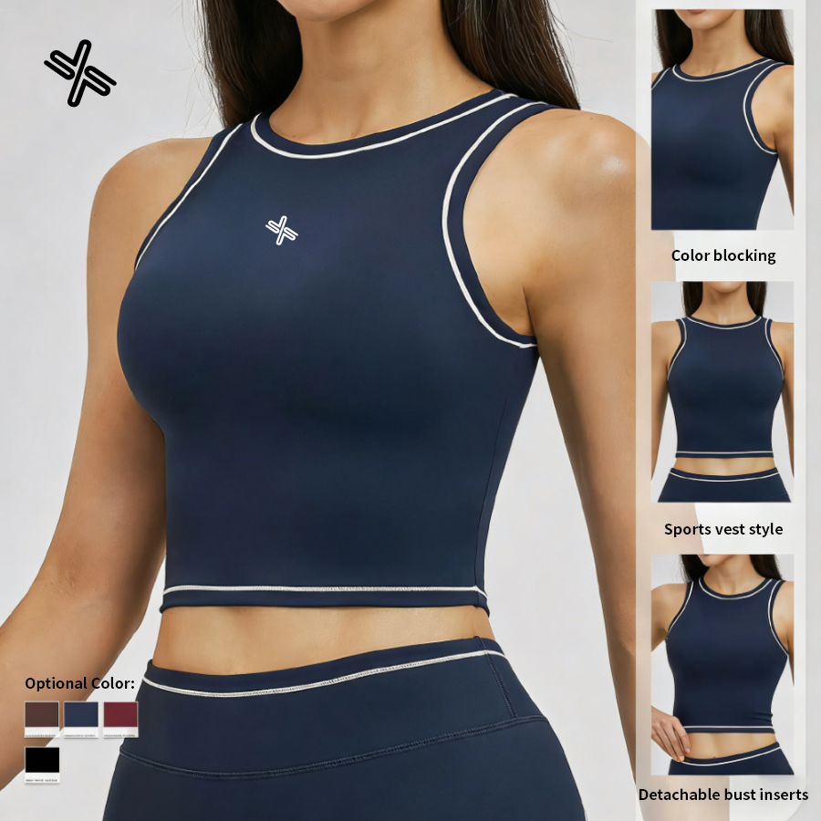 Custom Women's Contrast Piping Sports Tank Top Round Neck Cropped Yoga Tank with Removable Pads Gym Workout Bra