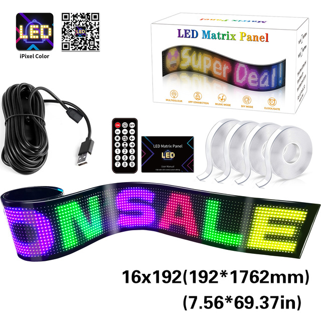 BGZM 16192 16*192 Flexible Matrix Panel LED Screen Android Display 12V Car Front Text Advertising APP Control New 2-Year