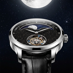 Montre mécanique automatique à tourbillon avec logo personnalisé, saphir, calendrier rétrograde, cadran des secondes et phases de lune, fabricants de montres-bracelets OEM - Product Image 1