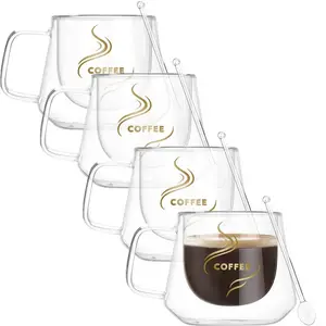 Dishwasher Safe Clear Double Wall Glass Mug Cafe Latte Glass Cup With Handle
