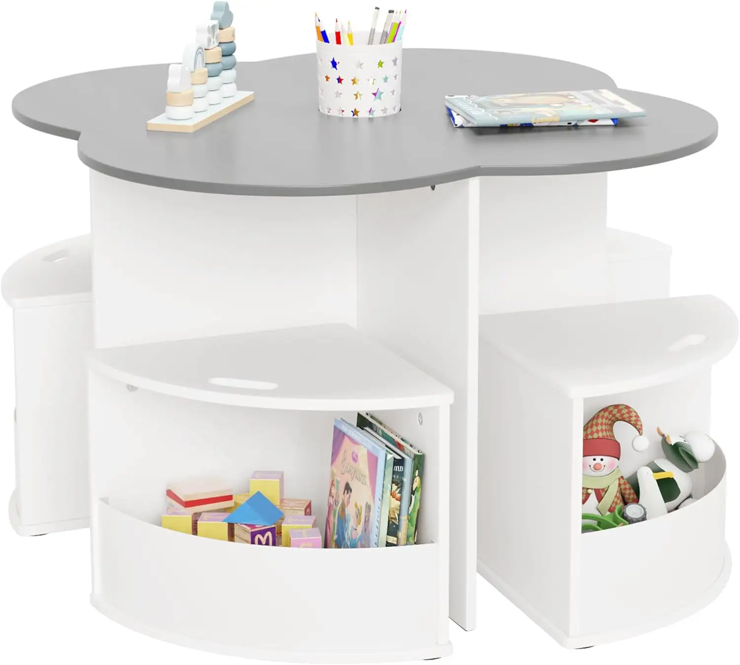 Children's table and chair set with 4 storage benches Flower nesting design Children's drawing table for kindergarten