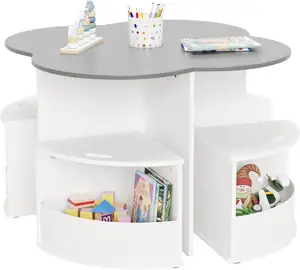 Children's table and chair set with 4 storage benches Flower nesting design Children's drawing table for kindergarten