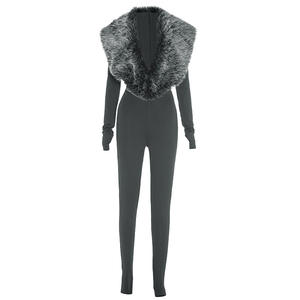 Sexy jumpsuit met harige kraag, vingerbedjes, winter, V-hals, lange mouwen, skinny, feestoverall, romper - Product Image 4