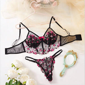 Coloré Floral Dentelle Maille Tissu Jarretelles Soutien-Gorge Respirant Réglable Mince Sangle <span class=keywords><strong>Taille</strong></span> <span class=keywords><strong>Basse</strong></span> String Brodé Transparent Sexy Chaud - Product Image 1