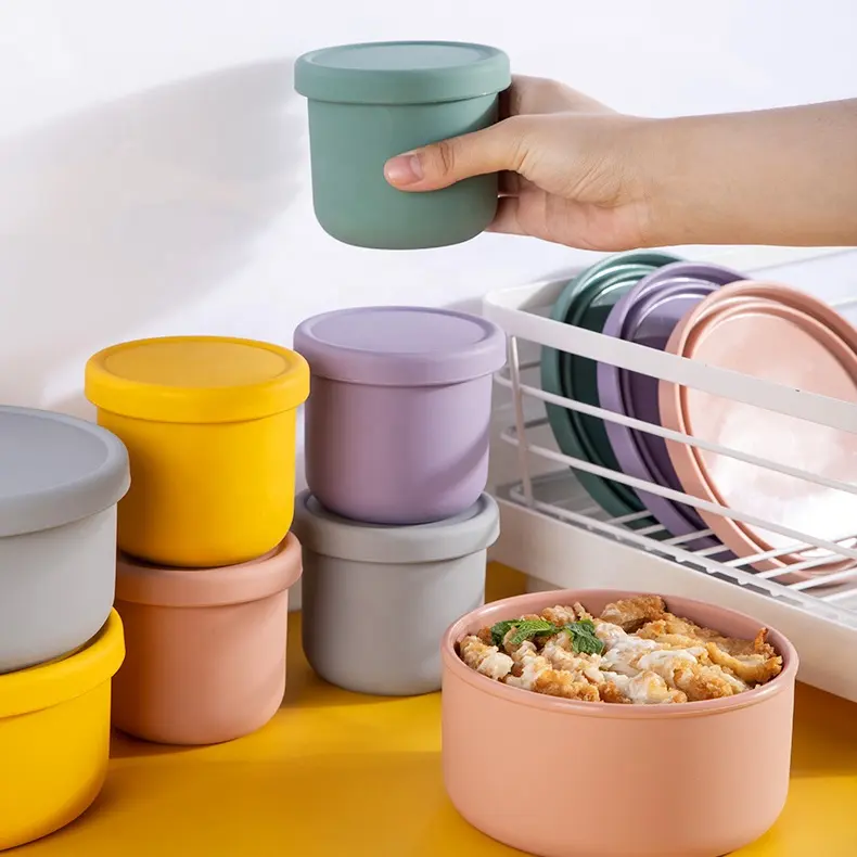 Contenedor de silicona reutilizable para comida de fruta para niños, contenedor de almacenamiento de comida seguro para horno de silicona para niños con tapas