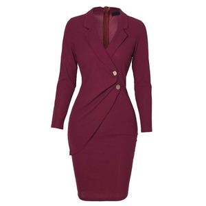 Vestidos de Mujer Elegantes de Color Sólido con Cuello en V, Manga Larga, 2 Botones, Ajustados, para el Trabajo - Product Image 6