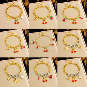 Fashionable Fruit Charm Bracelet Gold Plated Zinc Alloy Unisex Jewelry Strawberry Cherry Pendant Light Luxury Style - Product Image 1