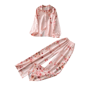Completo Due Pezzi da <span class=keywords><strong>Donna</strong></span> con Stampa Floreale, Camicia a Maniche Lunghe con Bottoni e Pantaloni a Gamba Larga con Vita Elasticizzata, Set Casual Primavera-Autunno - Product Image 5
