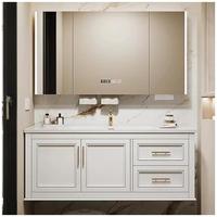 Meuble-lavabo mural double vasque en placage de bois CBMmart, fabriqué en Chine, avec miroir intelligent et robinet doré pour appartement