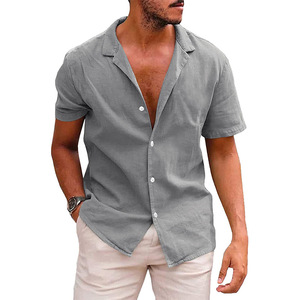 Camicia estiva Casual da <span class=keywords><strong>uomo</strong></span> in cotone e <span class=keywords><strong>lino</strong></span> a maniche corte con bottone singolo Anti-Pilling <span class=keywords><strong>abbigliamento</strong></span> di colore puro per Amazon EBay - Product Image 2
